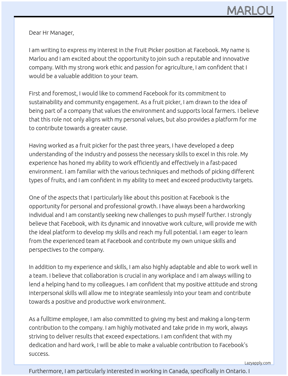 Fruit picker At Facebook Cover Letter