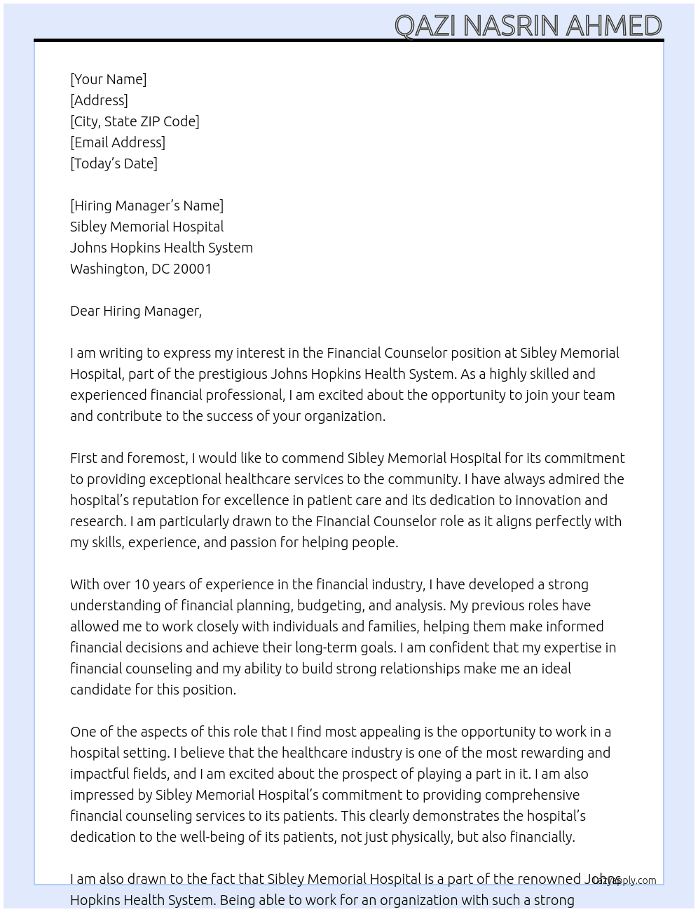 Financial Counselor At Sibley Memorial Hospital, Johns Hopkins Health System, Washington, DC 20001 Cover Letter