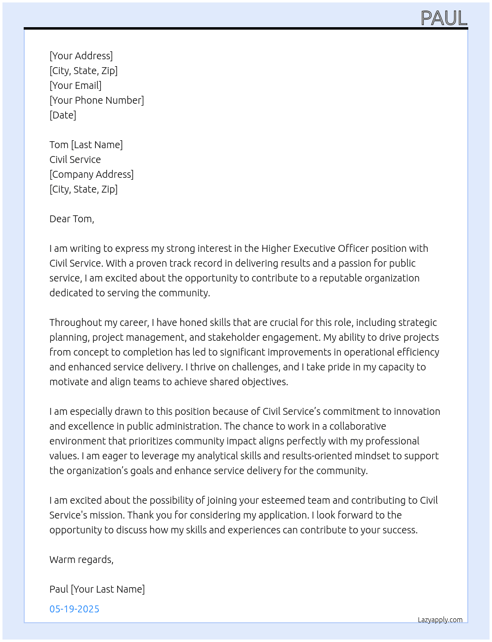 Higher executive officer At Civil service Cover Letter
