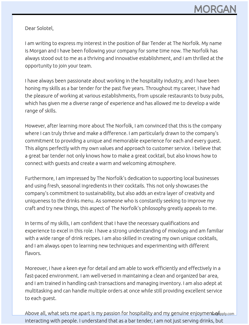 bar tender At The Norfolk Cover Letter