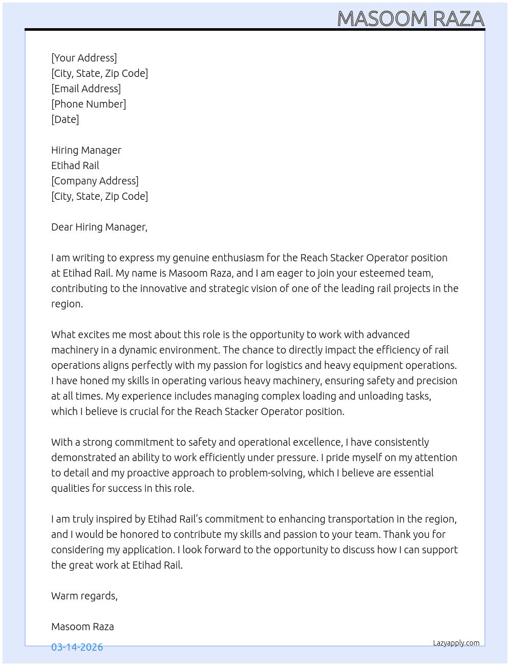 Reach Stacker Operator  At Etihad Rail Cover Letter