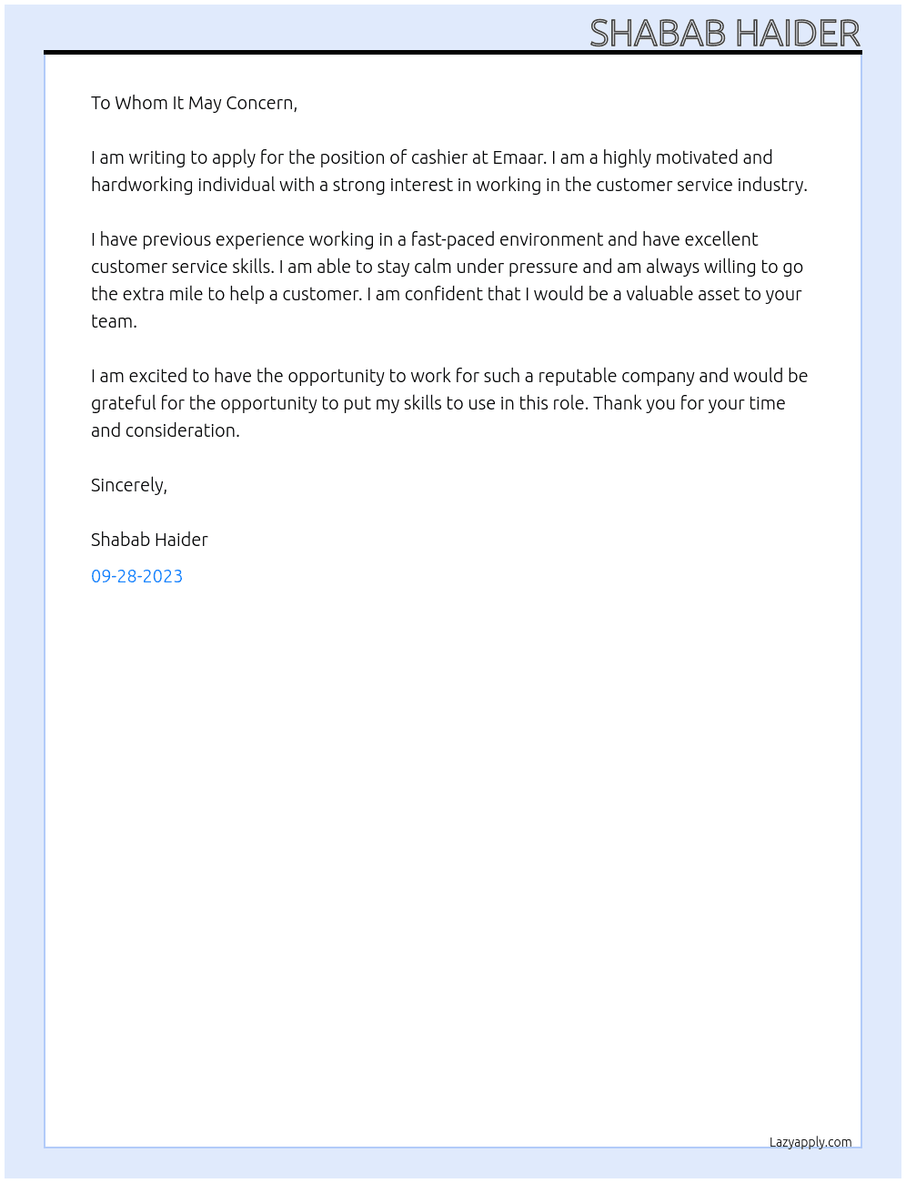 Cashier At Emaar Cover Letter