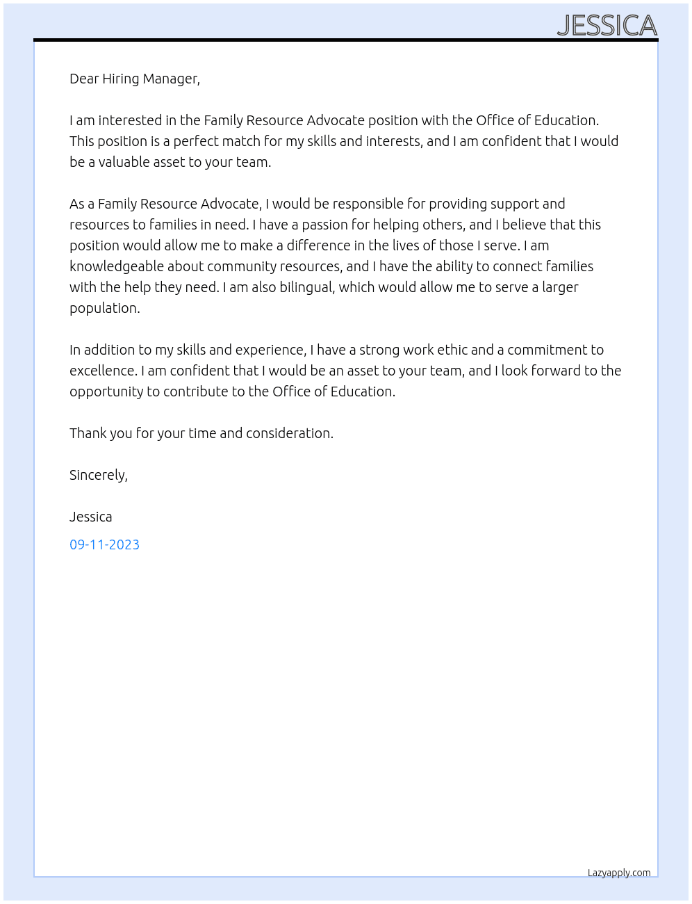Family Resource dvocate At Office of Education Cover Letter