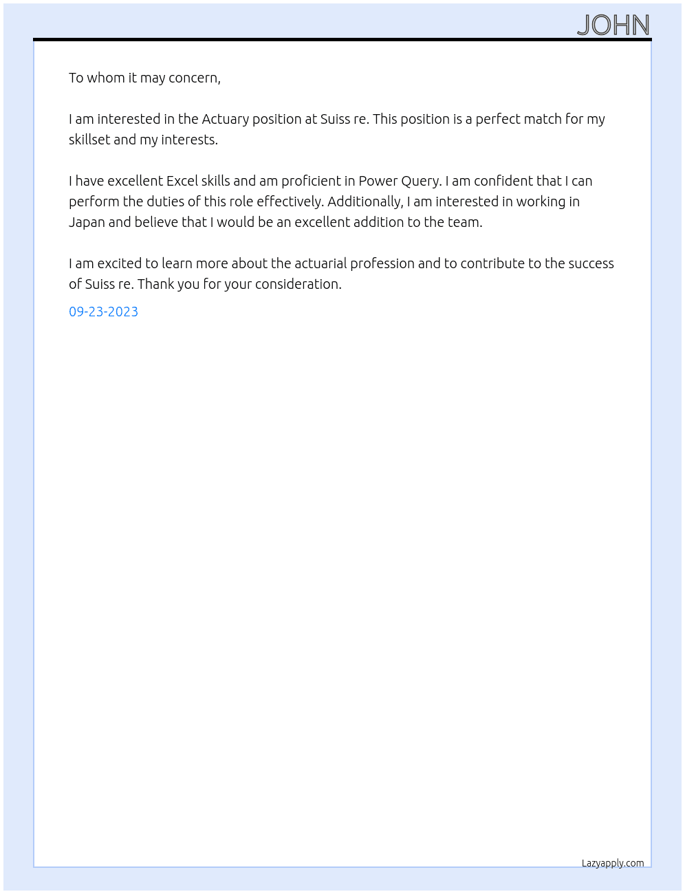 Actuary At Suiss re Cover Letter