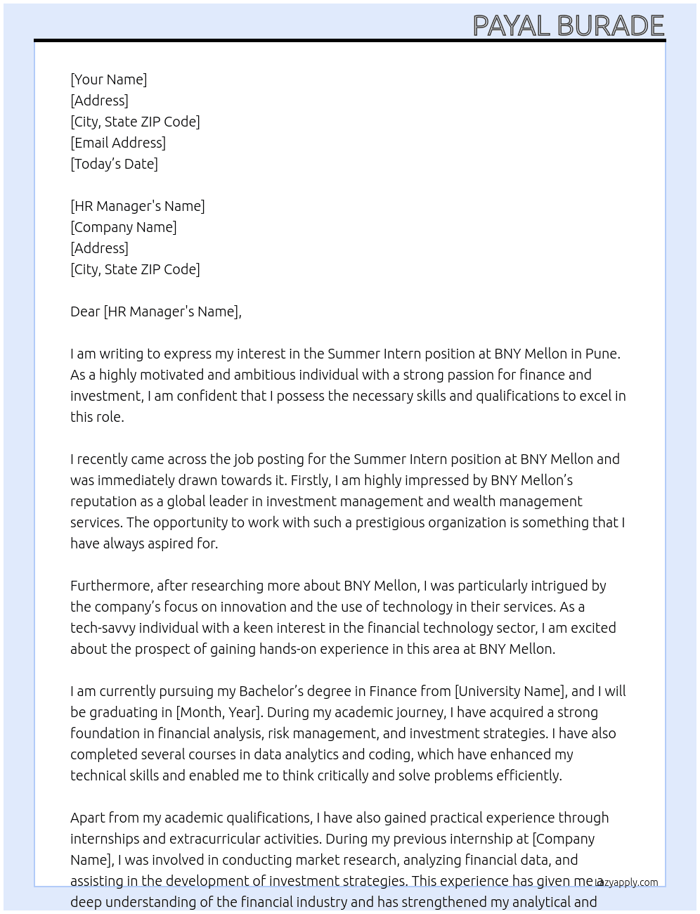 Summer Intern At BNY Mellon Cover Letter