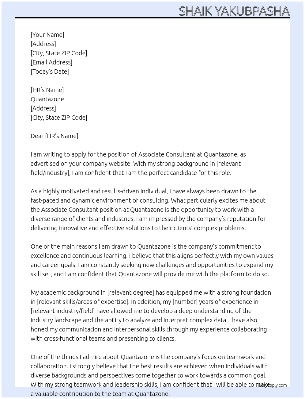 Associate consultant  At Quantazone  Cover Letter