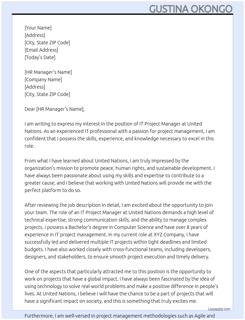 IT project manager  At United Nations Cover Letter