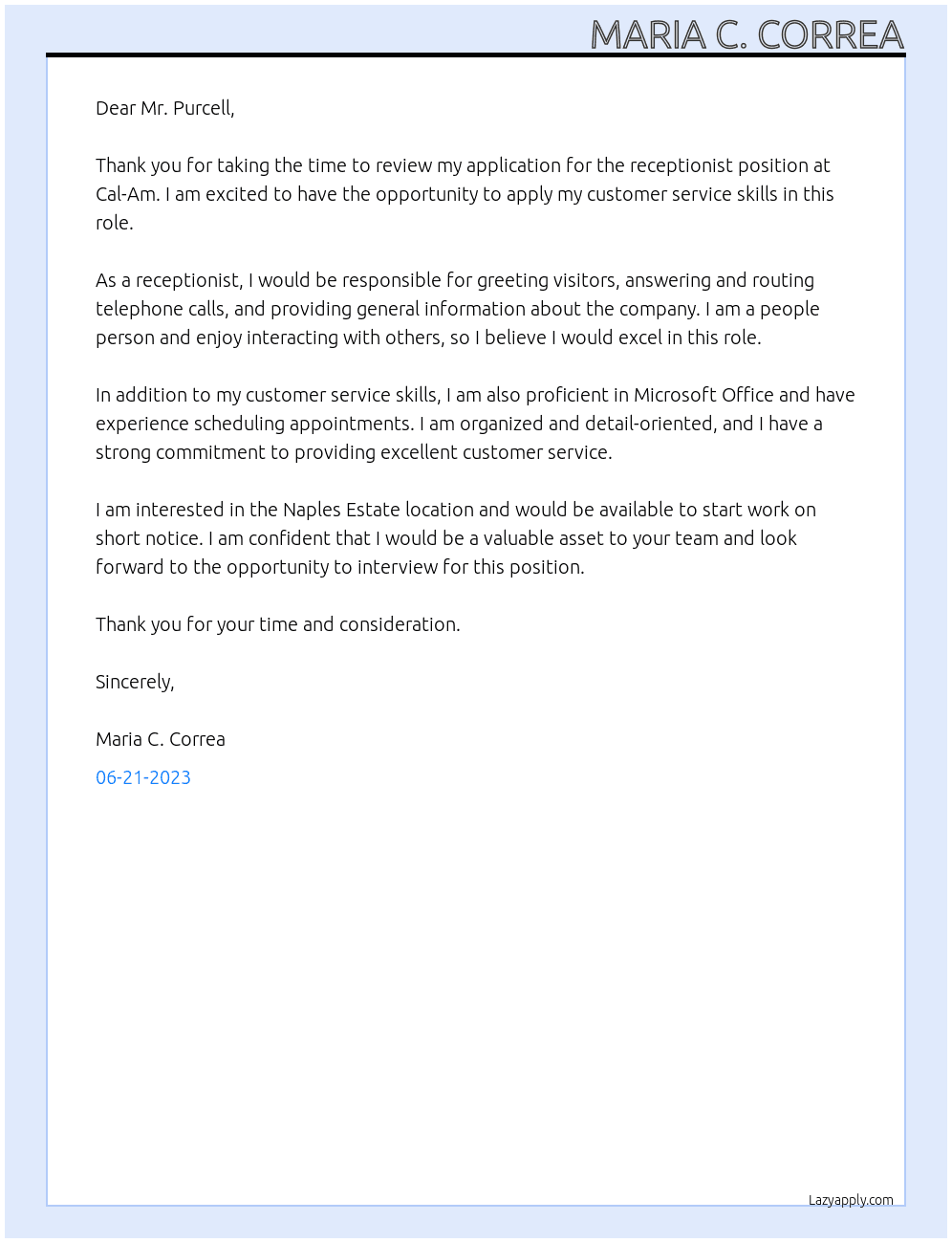 Receptionist At Cal-Am Cover Letter