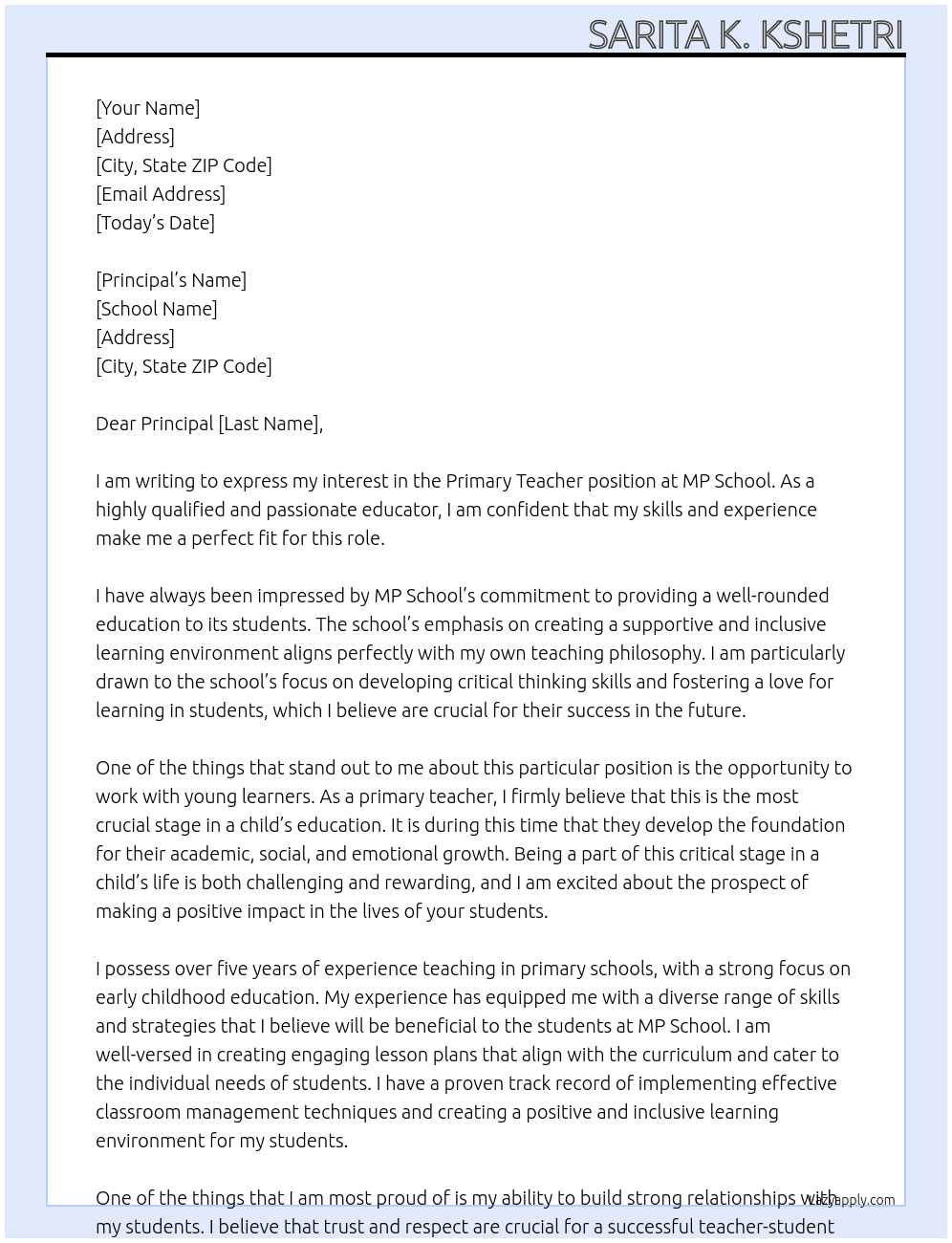 primery teacher At mp chool Cover Letter