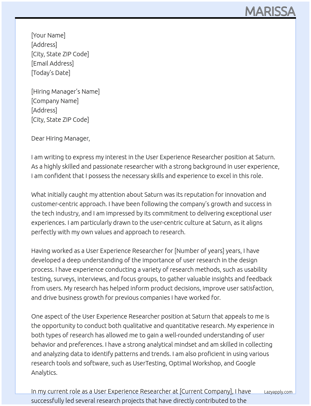 User Experience Researcher At Saturn Cover Letter