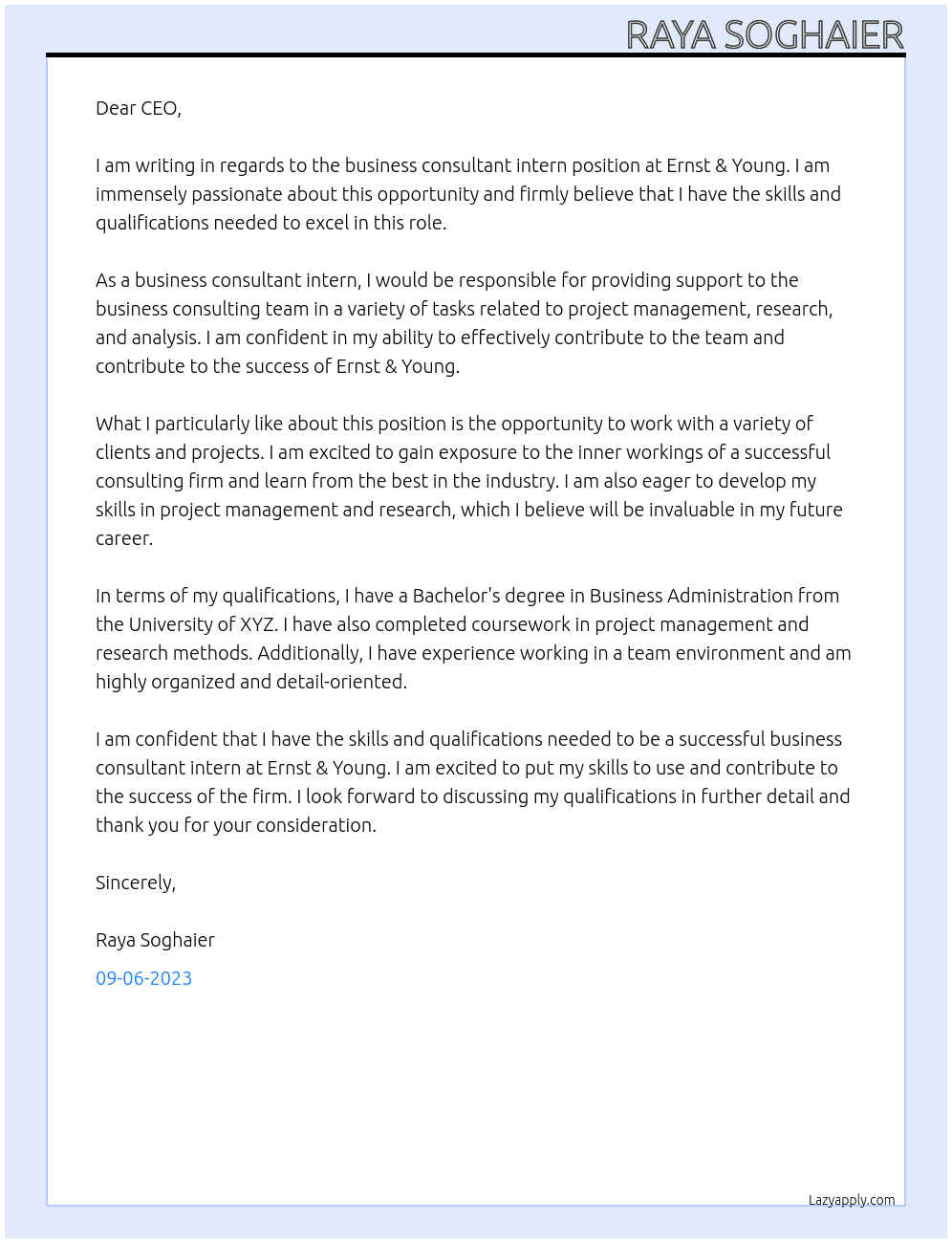 Business consultant intern At Ernsty & Young Cover Letter