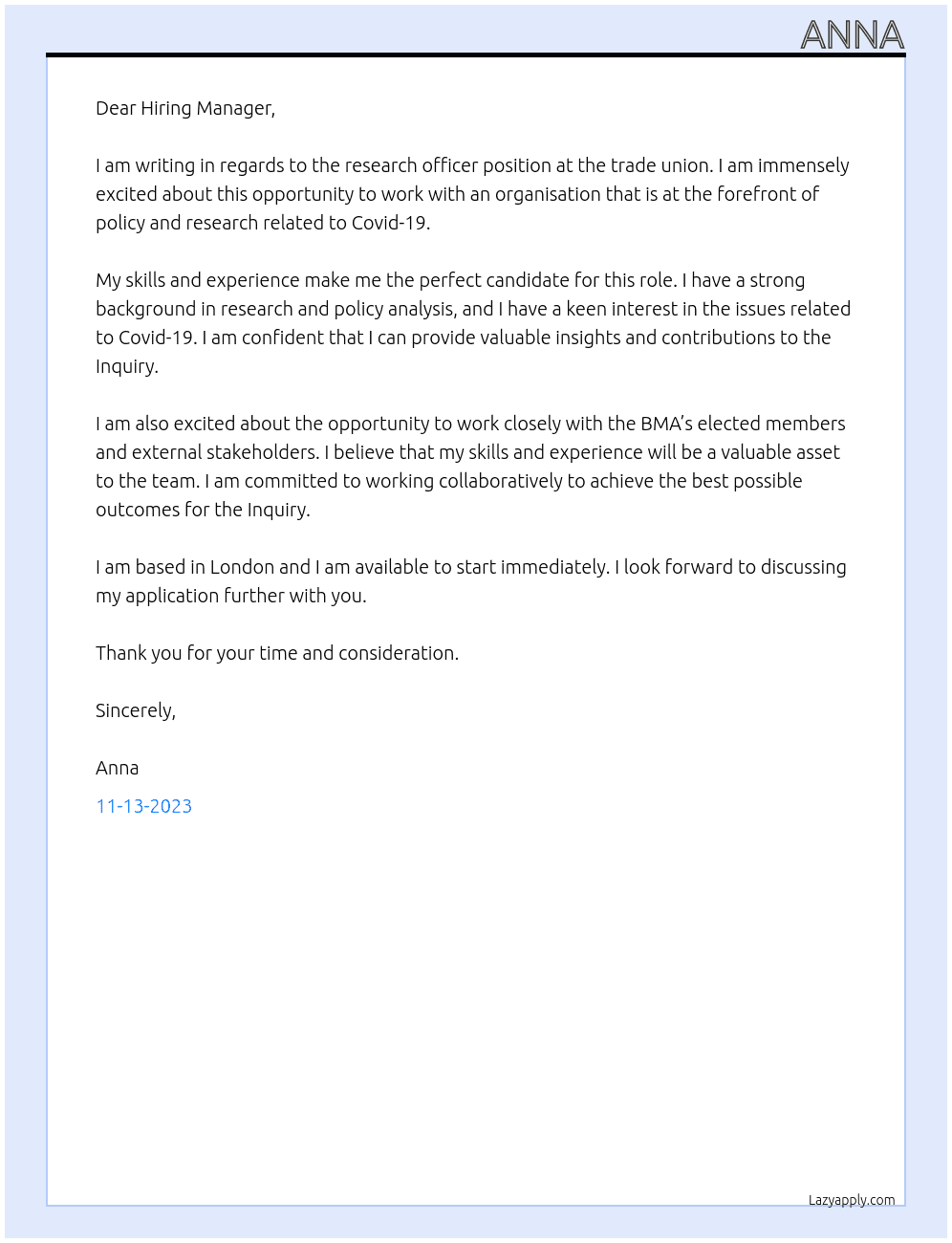 research officer At trade union  Cover Letter