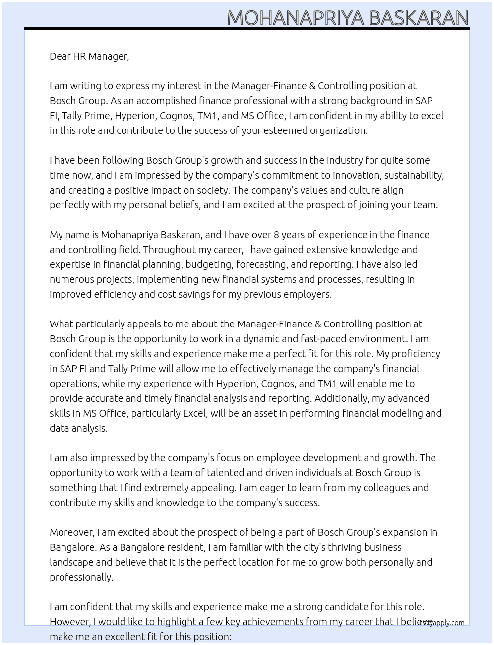 Manager-Finance & Controlling At Bosch Group Cover Letter