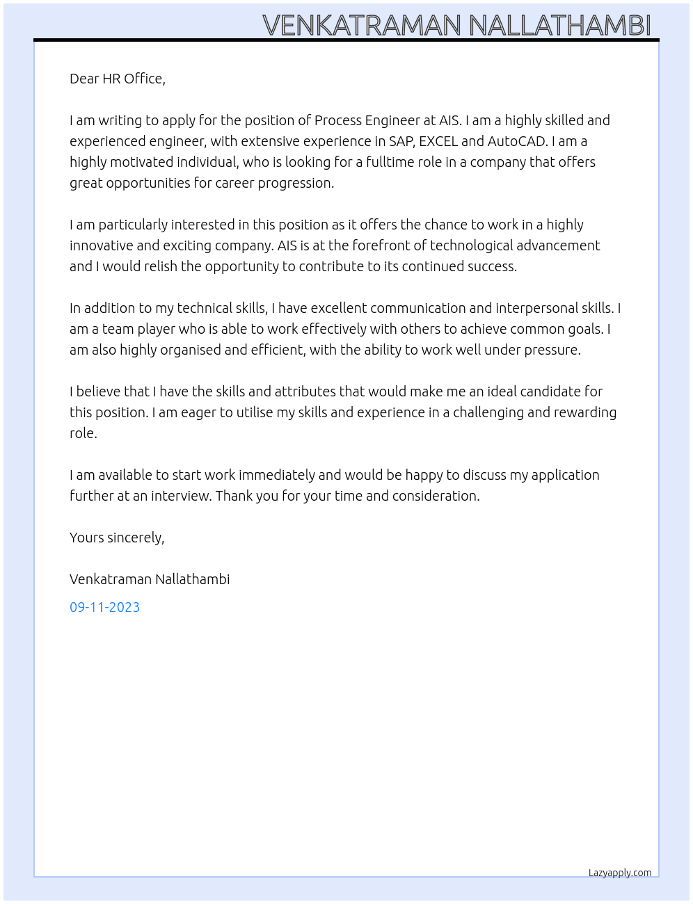 Process Engineer  At AIS Cover Letter