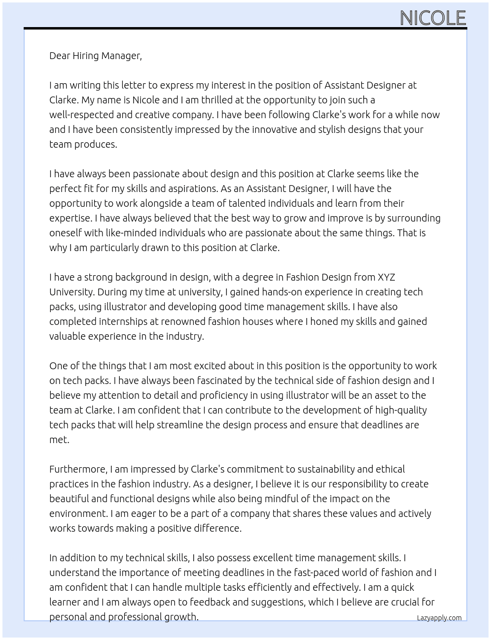 Assistant Designer  At Clarke Cover Letter