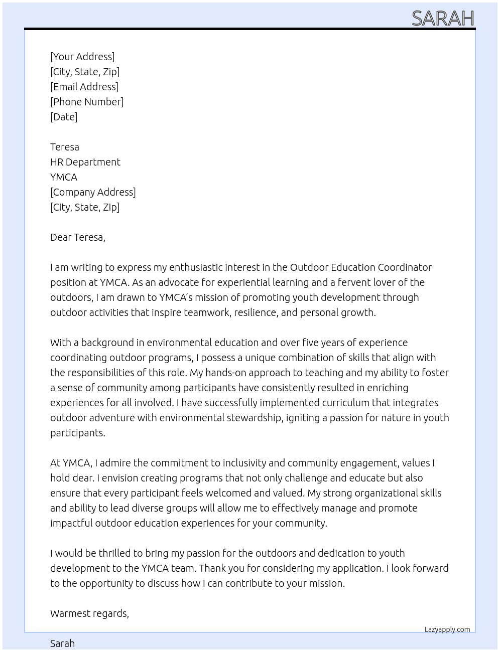 Cover letter for outdoor education coordinator - LazyApply