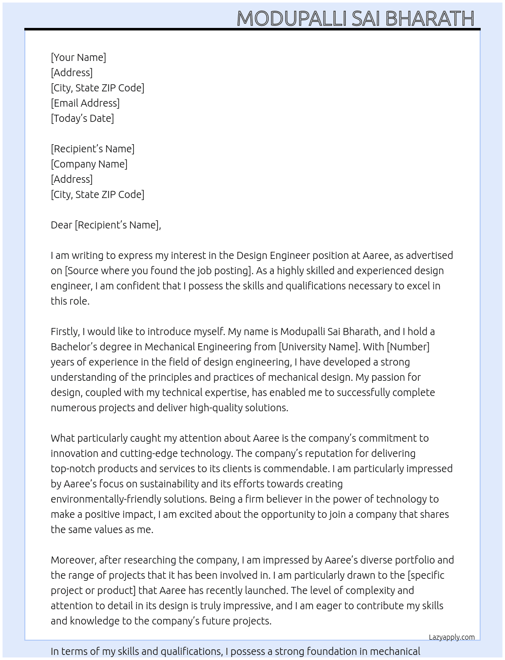 Design engineer  At Aaree  Cover Letter