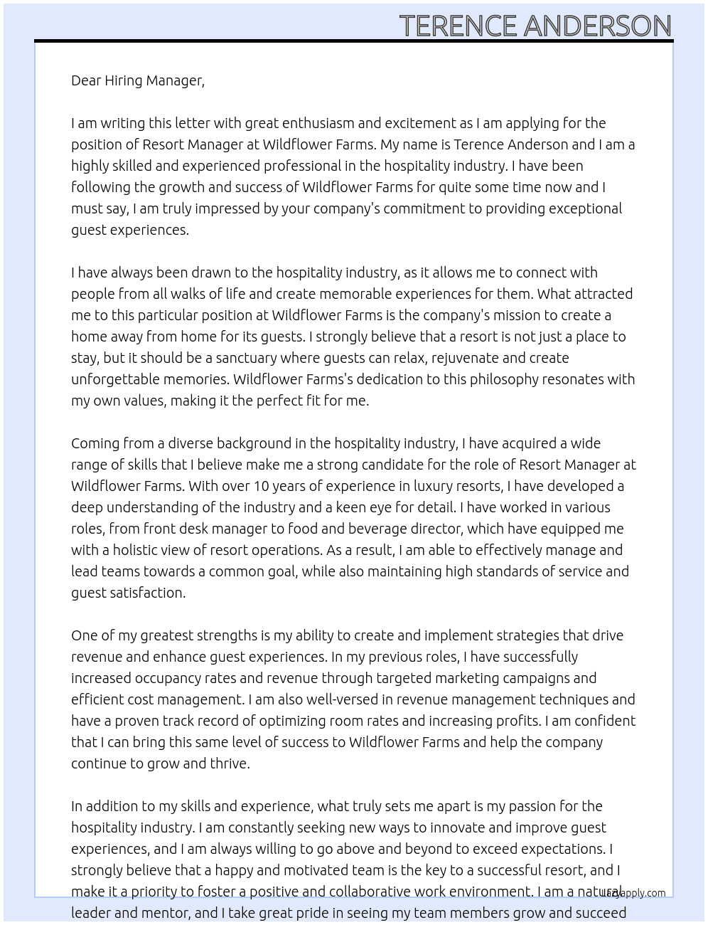 Resort Manager At Wildflower Farms Cover Letter