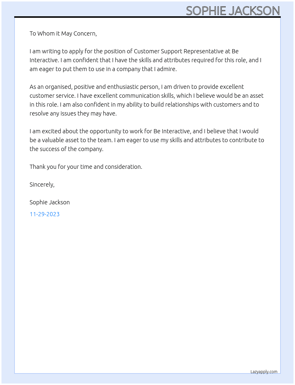 Customer support representative  At Be Interactive  Cover Letter