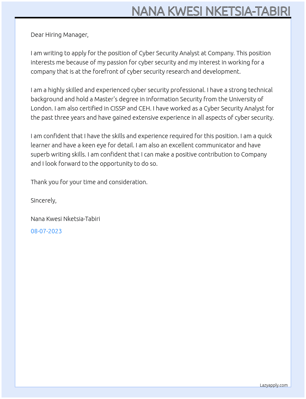 Cyber Security Analyst  At Company  Cover Letter