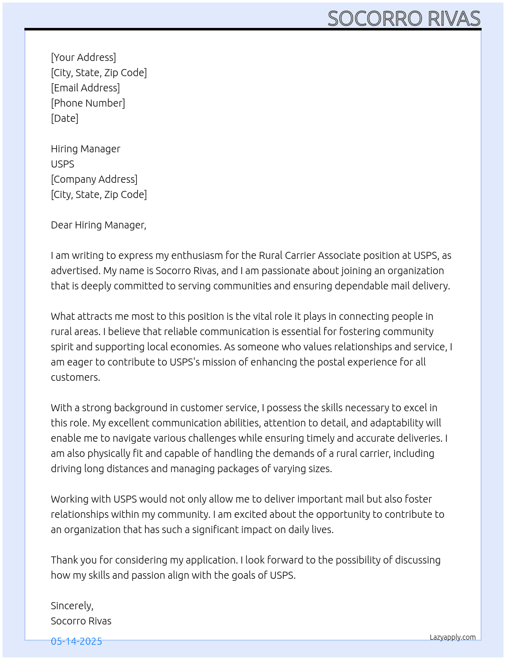  Rural Carrier Associate At USPS Cover Letter