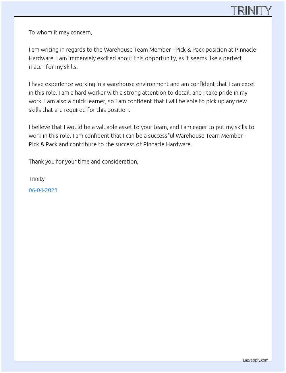Warehouse Team Member - Pick & Pack At Pinnacle Hardware Cover Letter