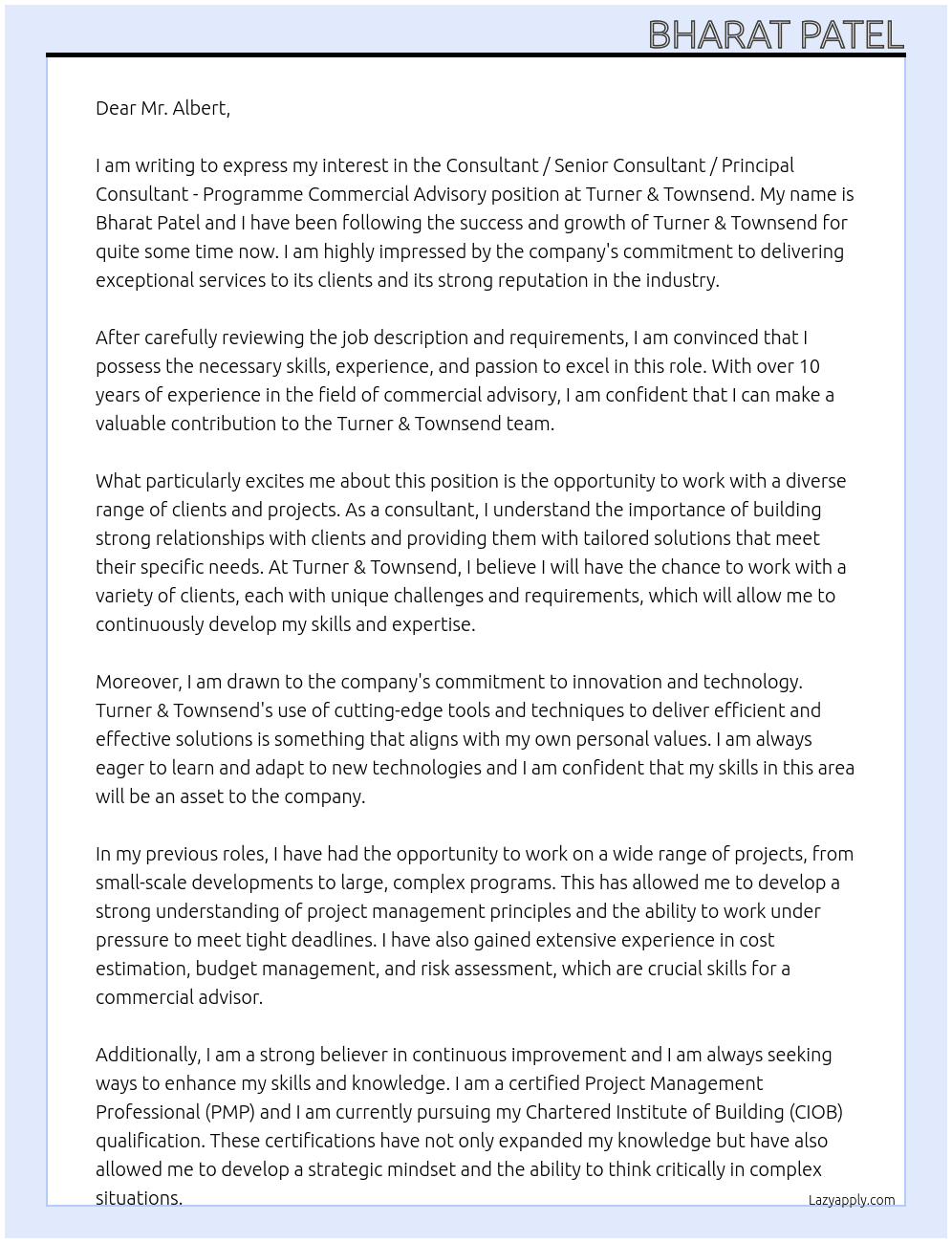 Consultant / Senior Consultant / Principal Consultant - Programme Commercial Advisory At Turner & Townsend Cover Letter