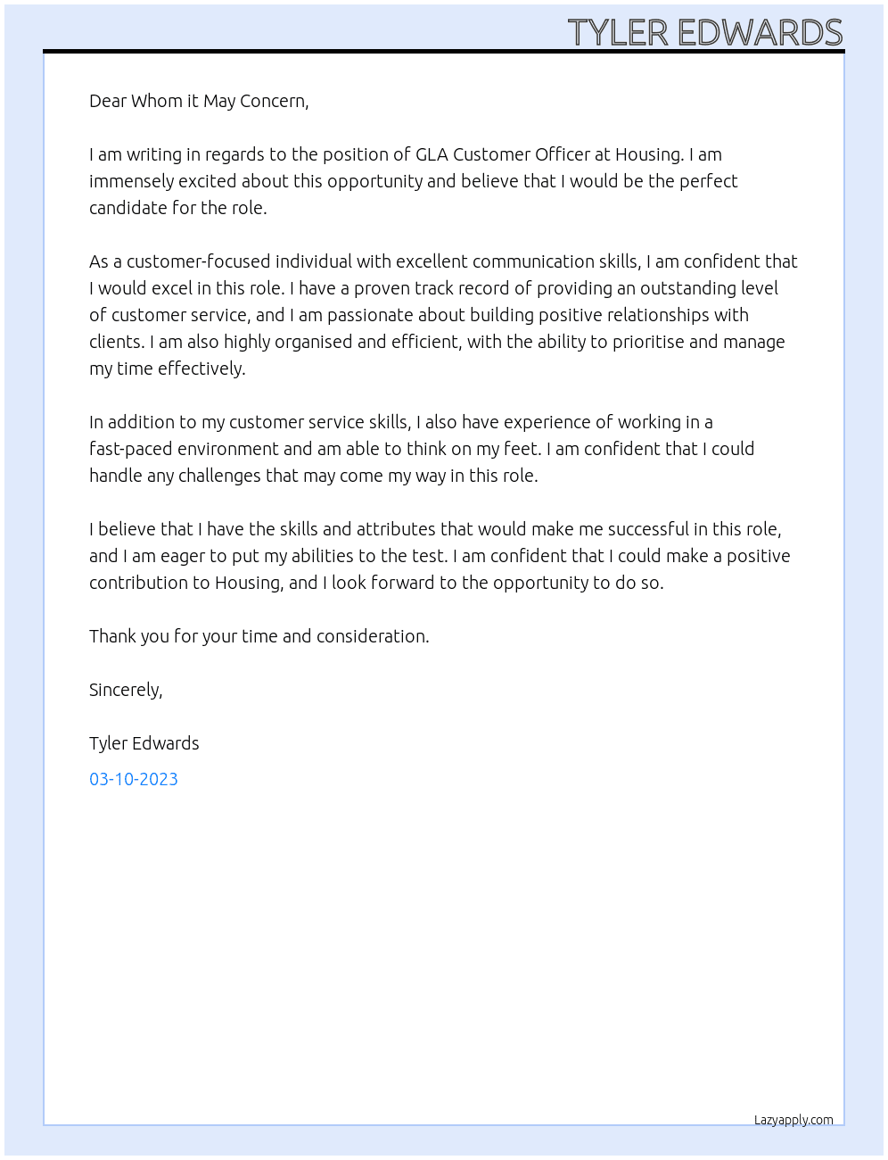 GLA Customer Officer At Housing Cover Letter