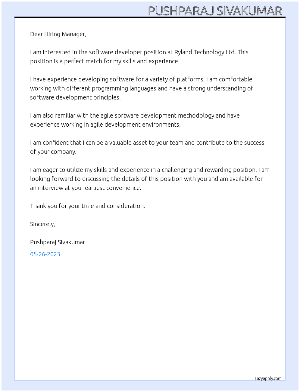 Software Developer  At Ryland technology Ltd  Cover Letter