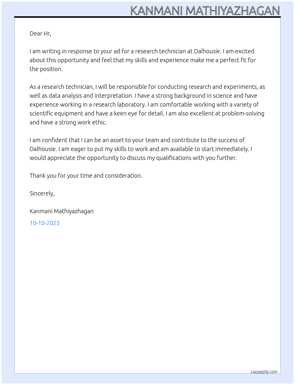 Research technician At Dalhousie Cover Letter