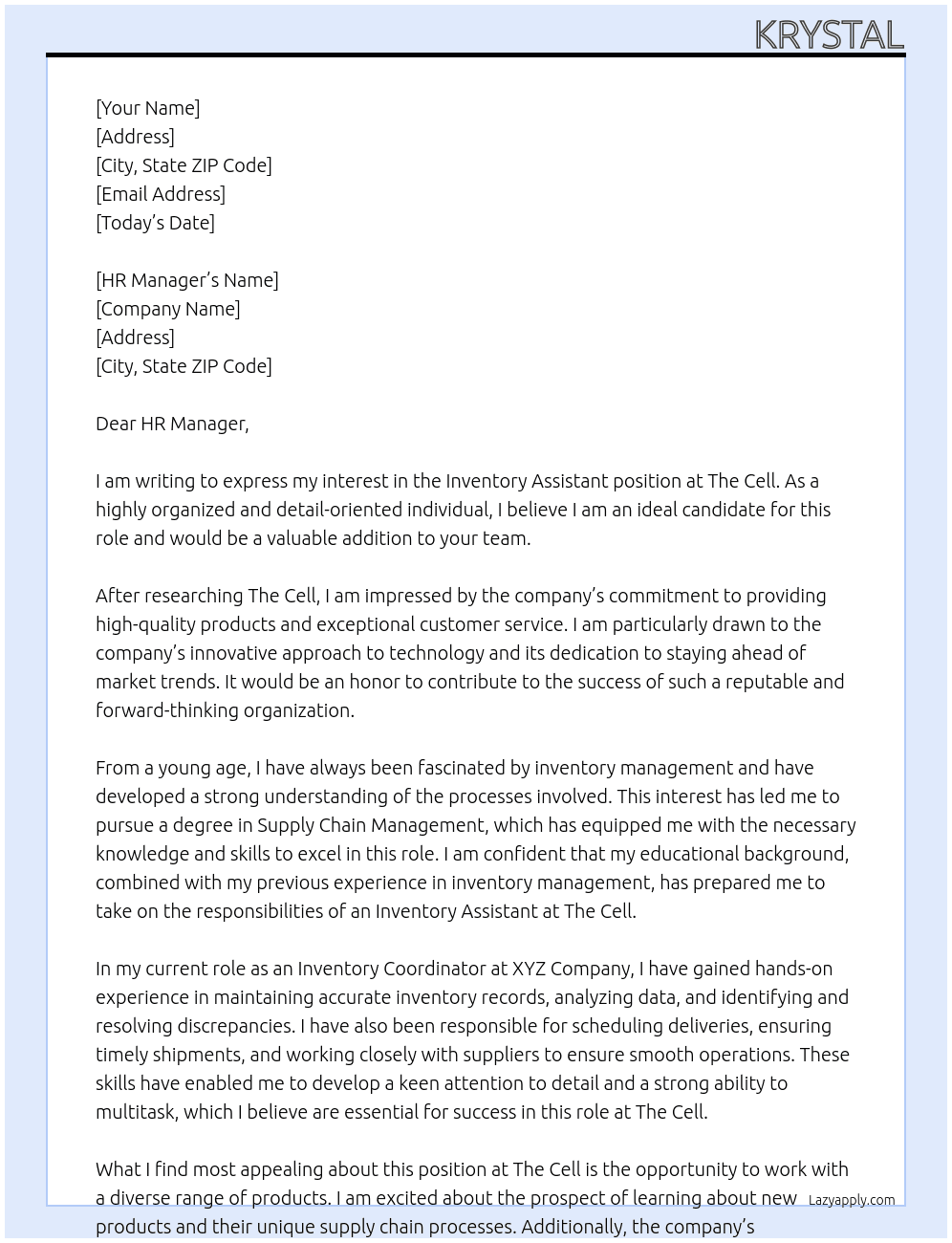 Inventory Assistant  At The Cell Cover Letter