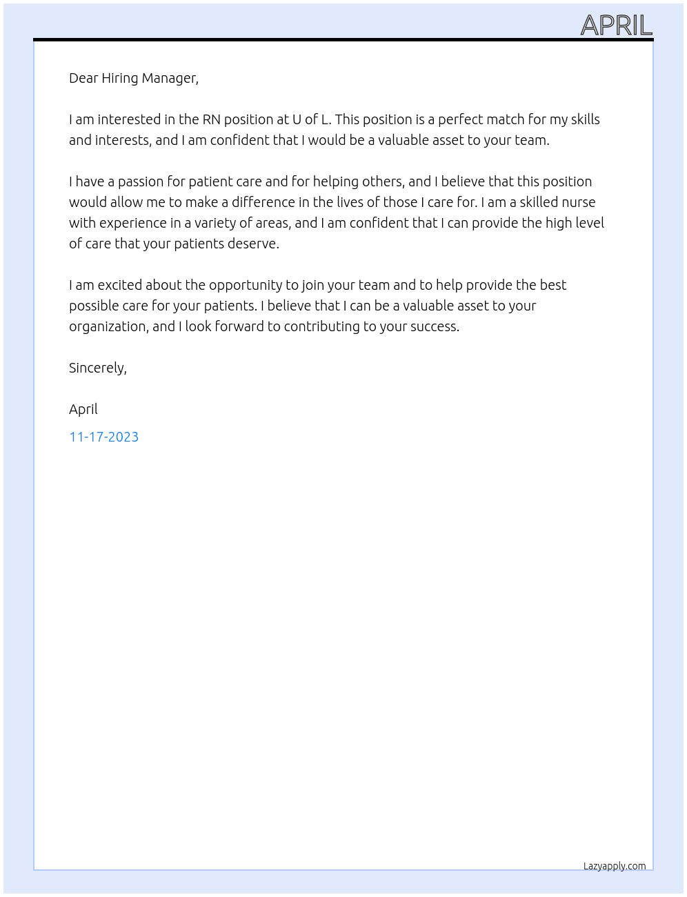 RN At U of L Cover Letter