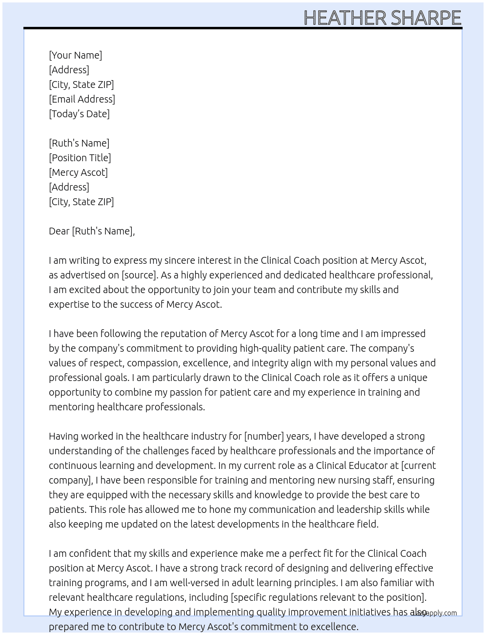 Clinical Coach At Mercy Ascot Cover Letter