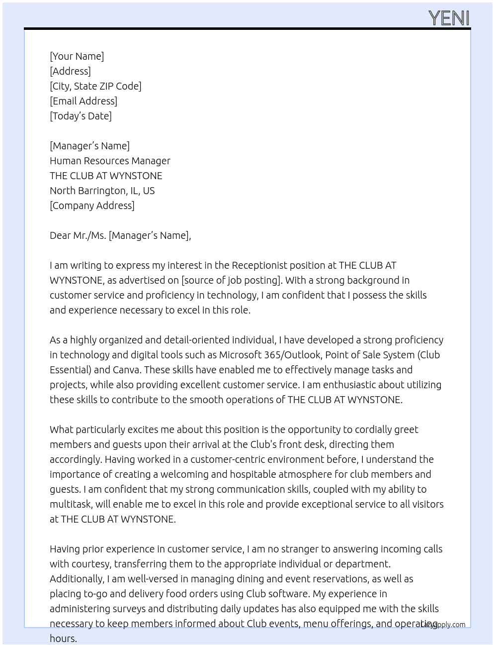 Receptionist  At THE CLUB AT WYNSTONE, North Barrington, IL, US Cover Letter