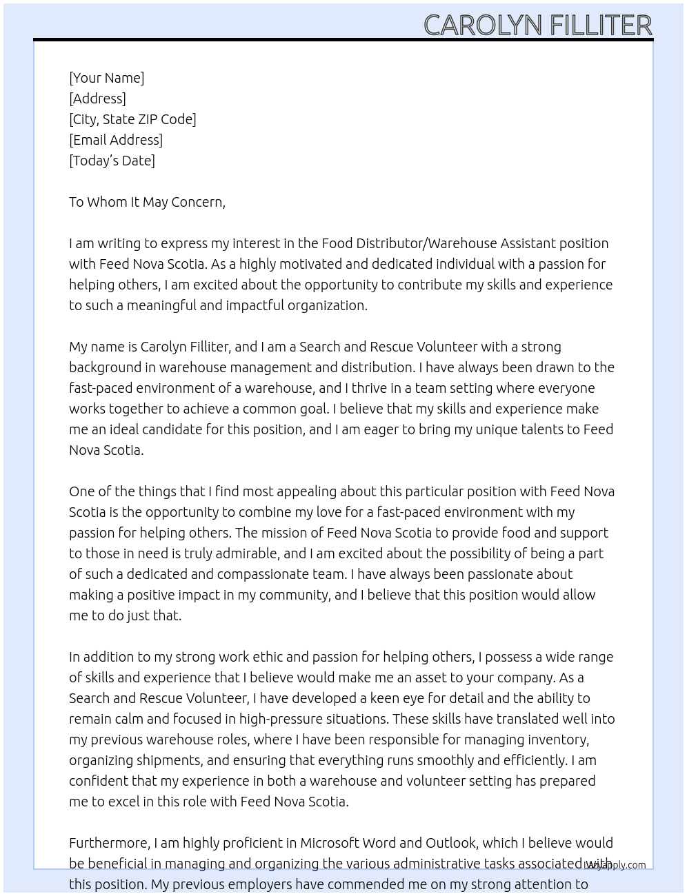 Food Distributor/Warehouse Assistant At Feed Nova Scotia Cover Letter
