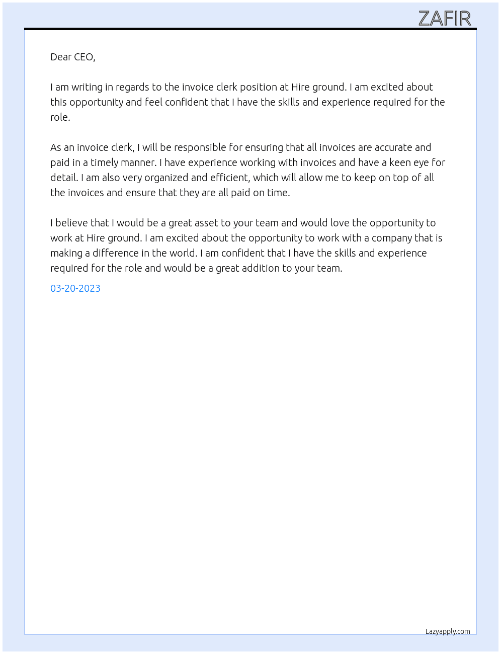 Invoice clerk At Hire ground  Cover Letter
