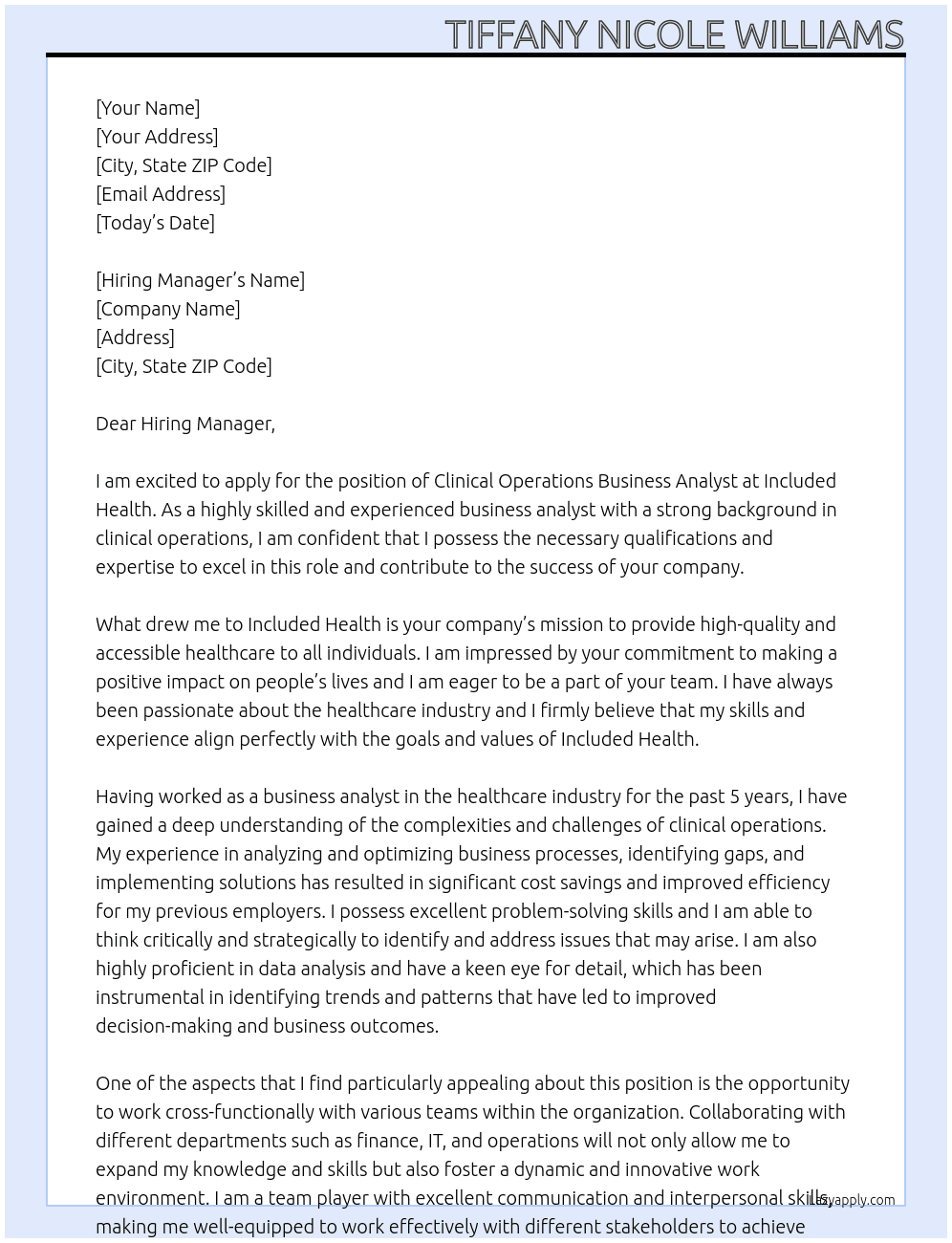 Clinical Operations Business Analyst At Included Health Cover Letter