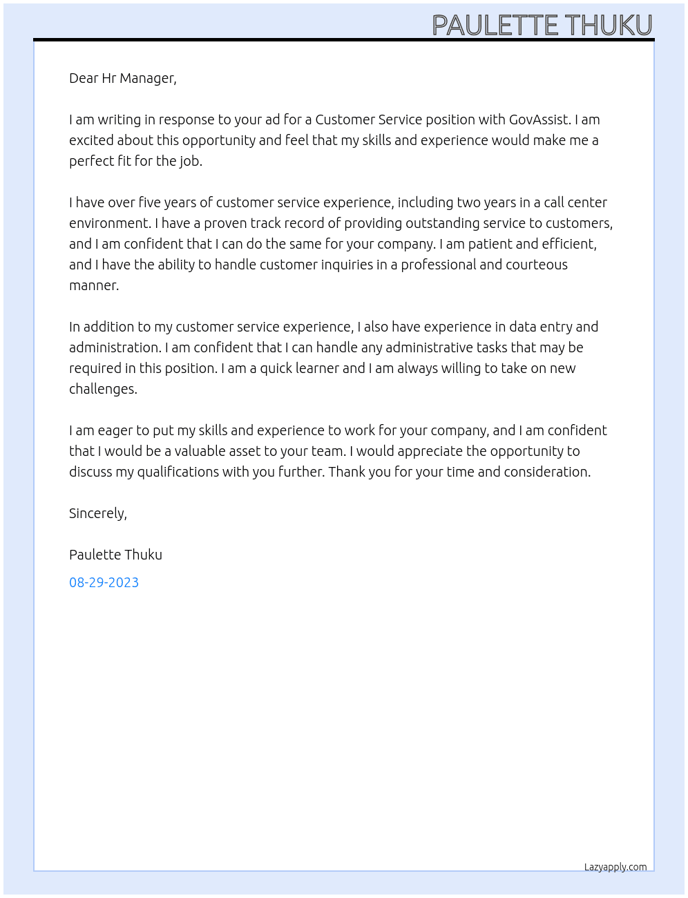 Customer service At GovAssist Cover Letter
