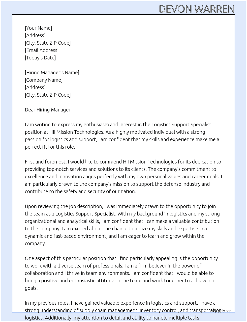 Logistics Support Specialist  At HII Mission Technologies Cover Letter