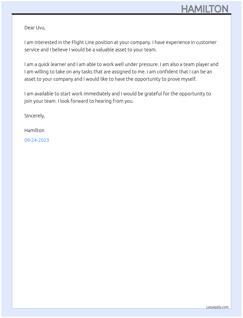 Flight line  At Uvu Cover Letter