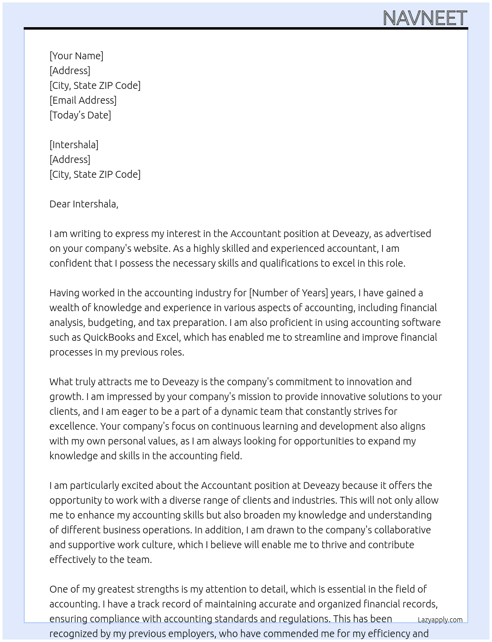 Accountant  At Deveazy Cover Letter
