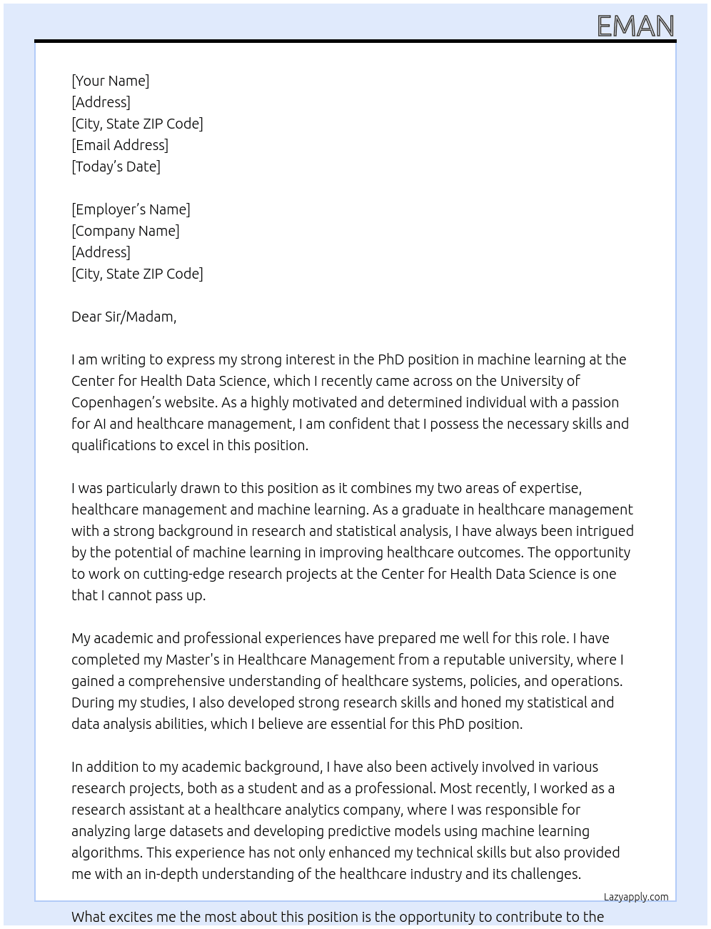 PhD position in machine learning at the Center for Health Data Science At University of Copenhagen Cover Letter