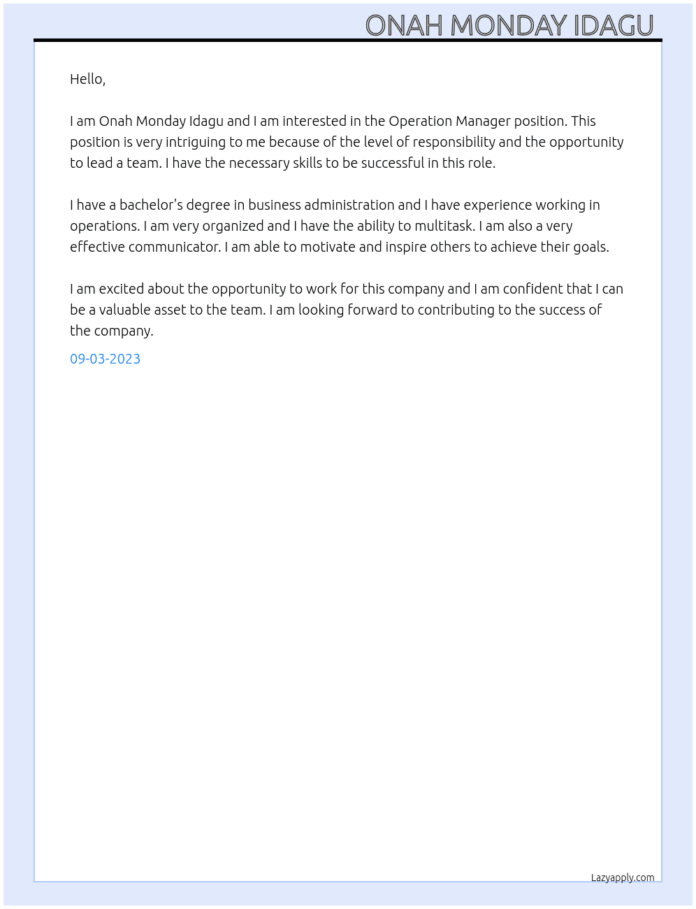 Operation Manager  At N/A Cover Letter