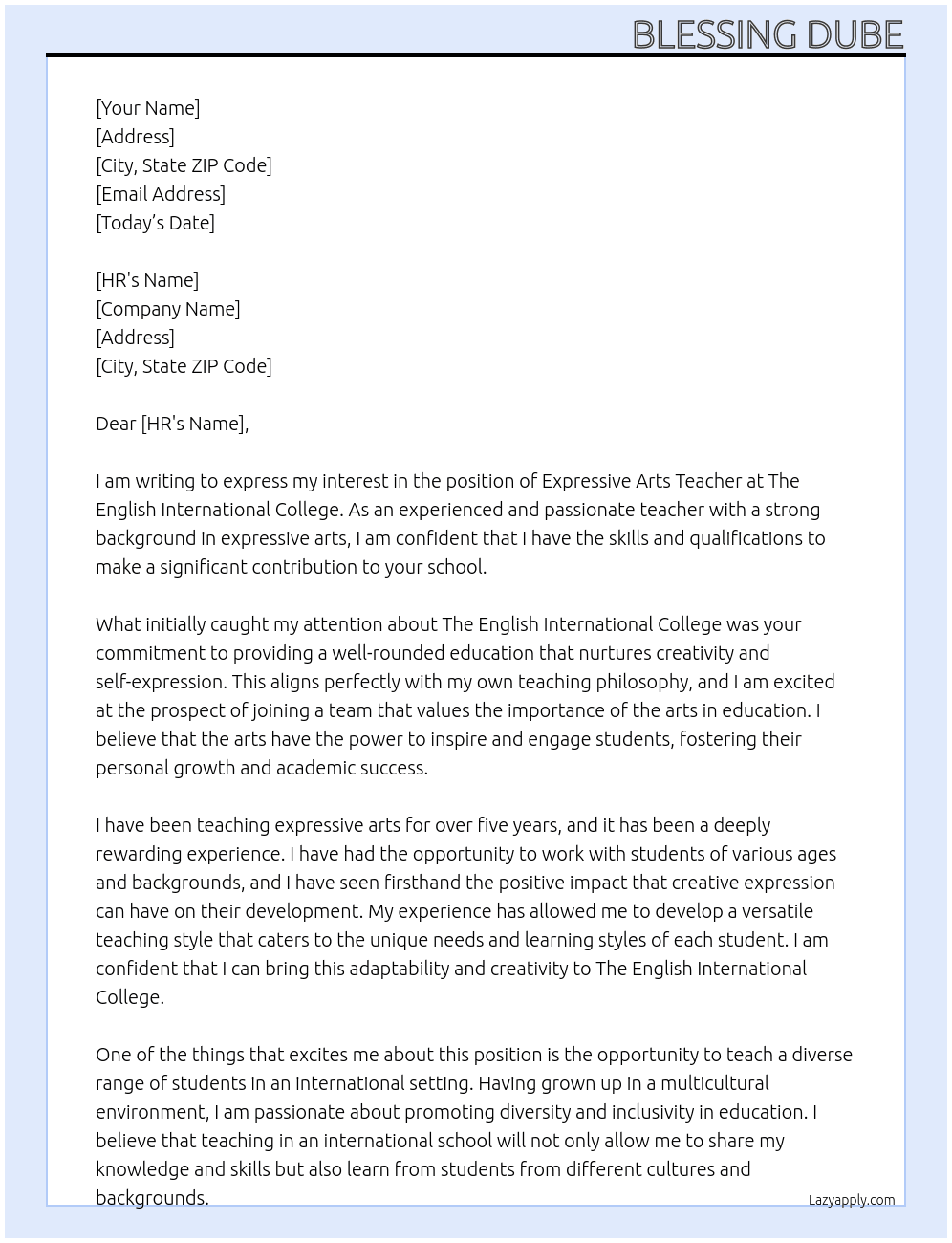 Expressive Arts Teacher  At The English International College  Cover Letter