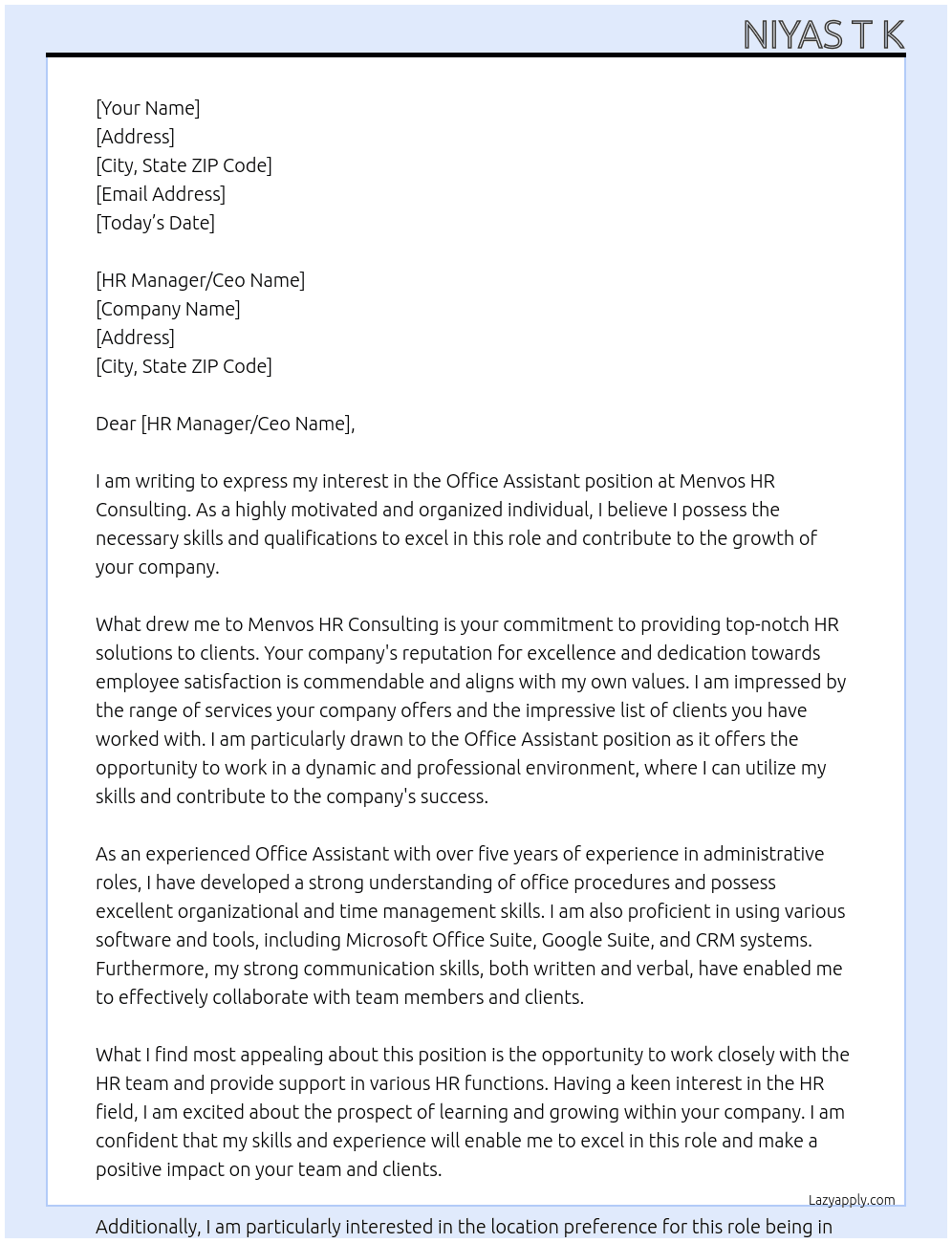 Office assistant  At Menvos HR Consulting Cover Letter