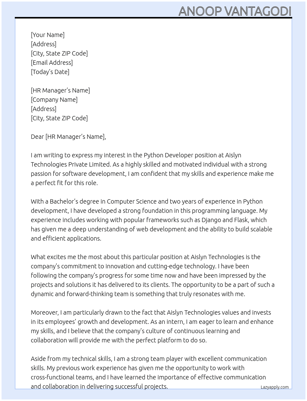 Python developer At Aislyn technologies private limited Cover Letter