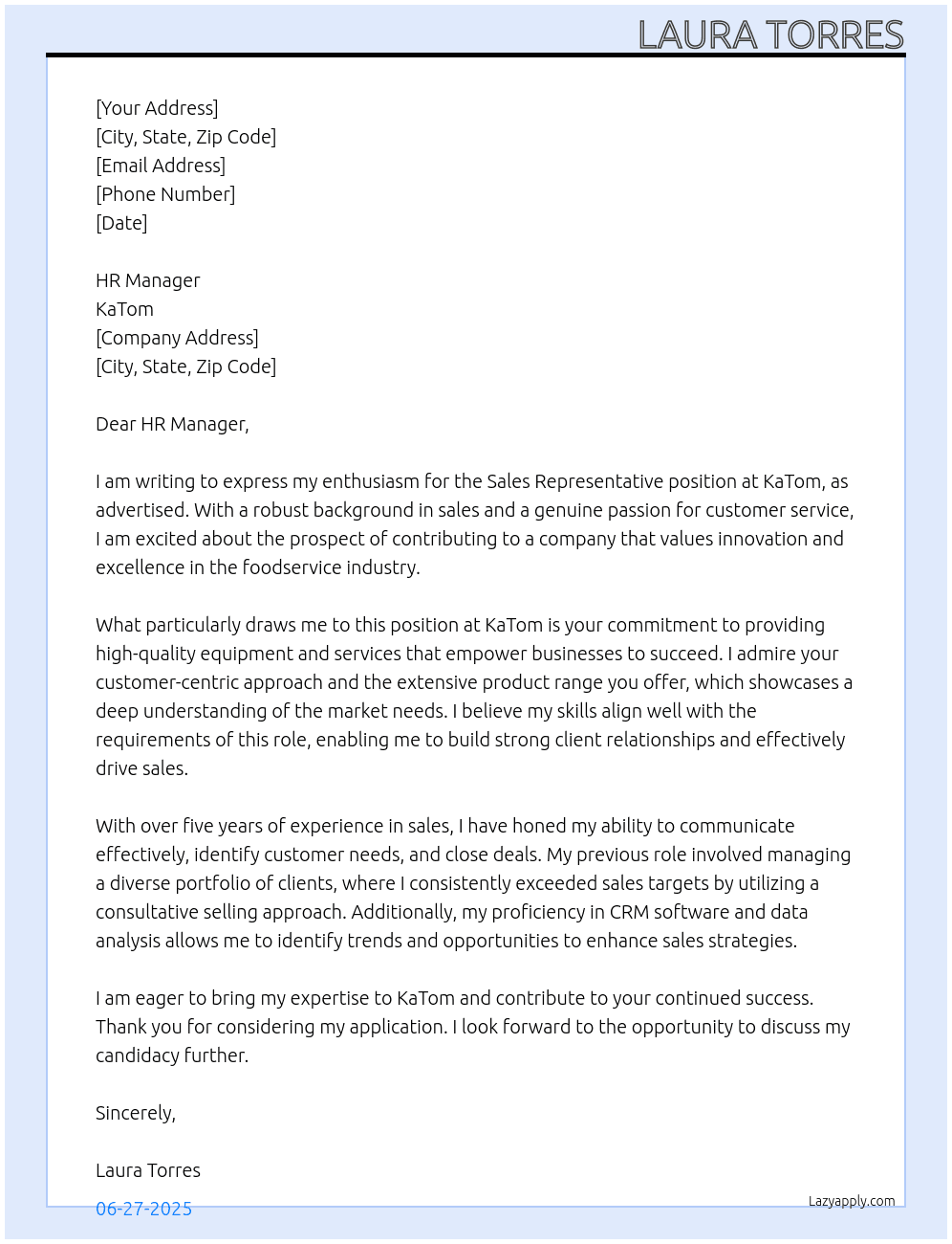 Sales Representative At KaTom Cover Letter