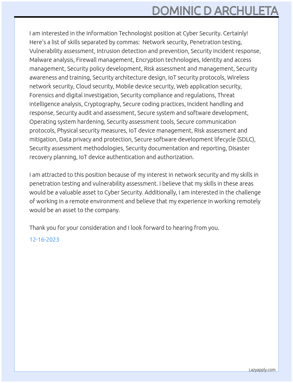 Information Technologist At Cyber Security Cover Letter