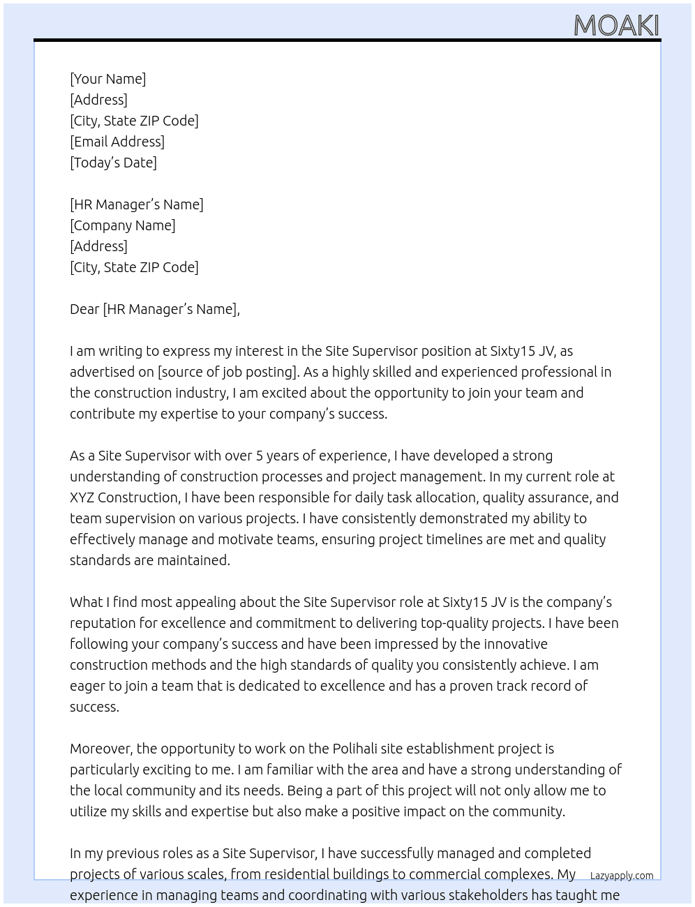 site supervisor At Sixty15 JV Cover Letter