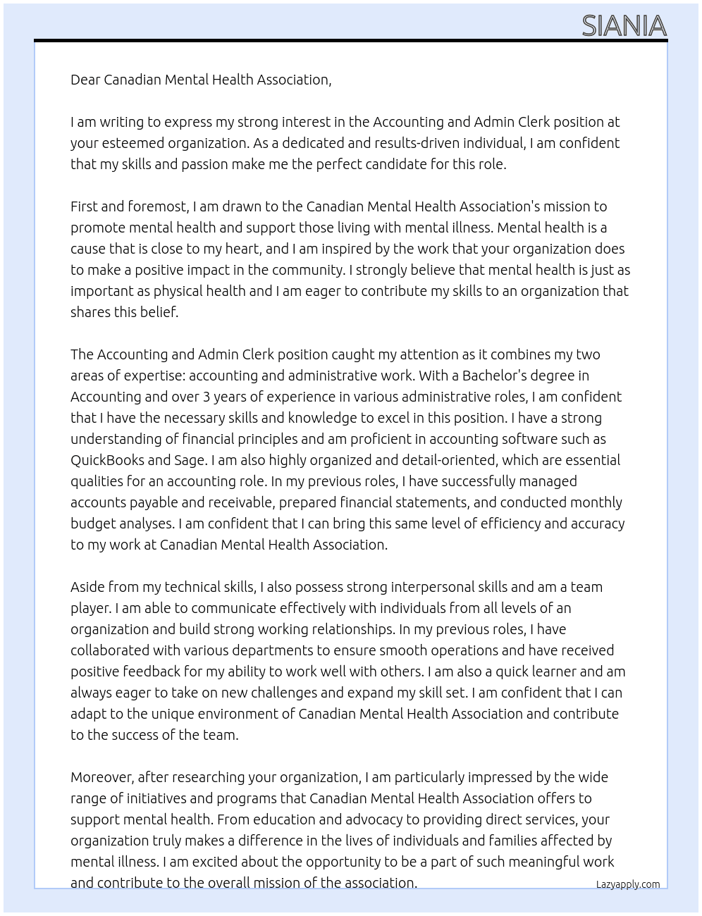 Accounting and Admin Clerk At Canadian Mental Health Association Cover Letter